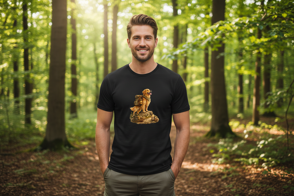 Golden Trailblazer Adventure Retriever Edition Shirt Mockup - Schwarz