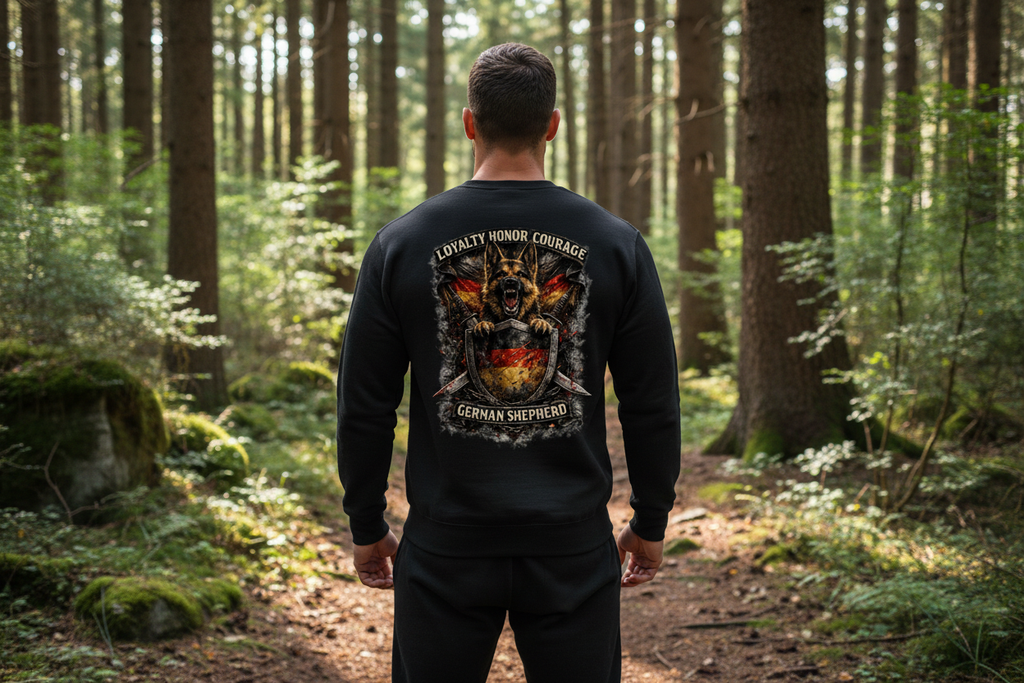 Loyalty Honor Deutscher Schäferhund Sweatshirt Mockup - Schwarz (natürliche Pose)